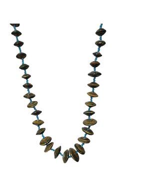 Handmade Paper Disc Bead Necklace Brown Blue Accents Eco Friendly Jewelry Women